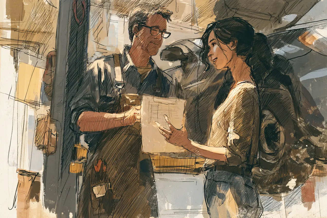 Mechanic walking a customer through a repair estimate beside a sedan on a lift