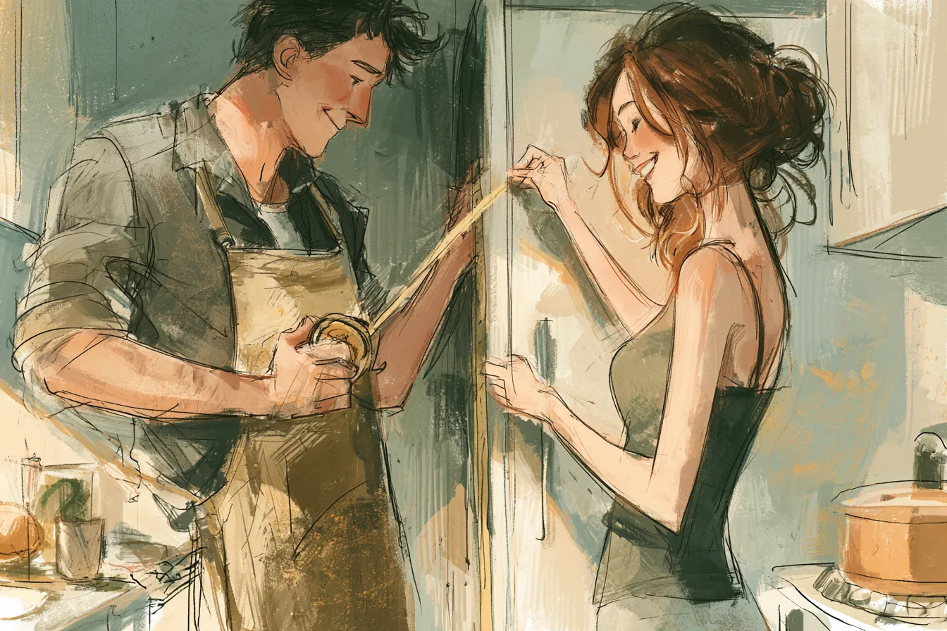 Couple measuring their kitchen nook for a new refrigerator with a tape measure