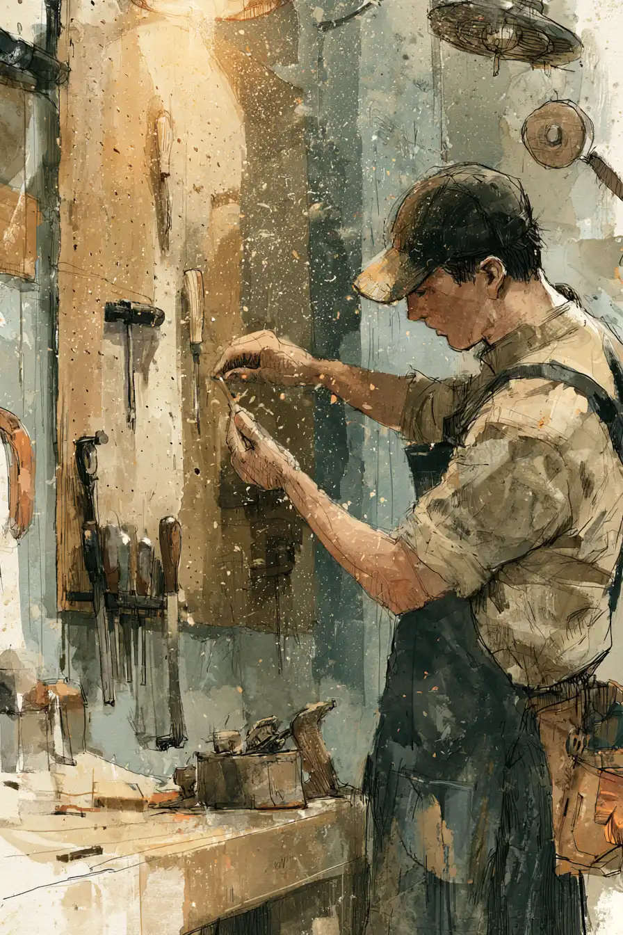 Carpenter arranging tools on the pegboard of a new workshop — the earning-equipment use of a $5,000 loan