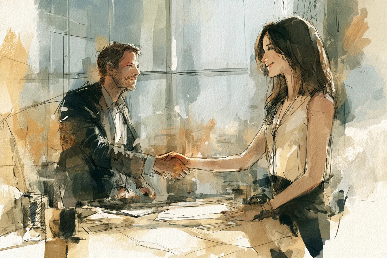 Two professionals shaking hands across a desk in a bright glass-walled office