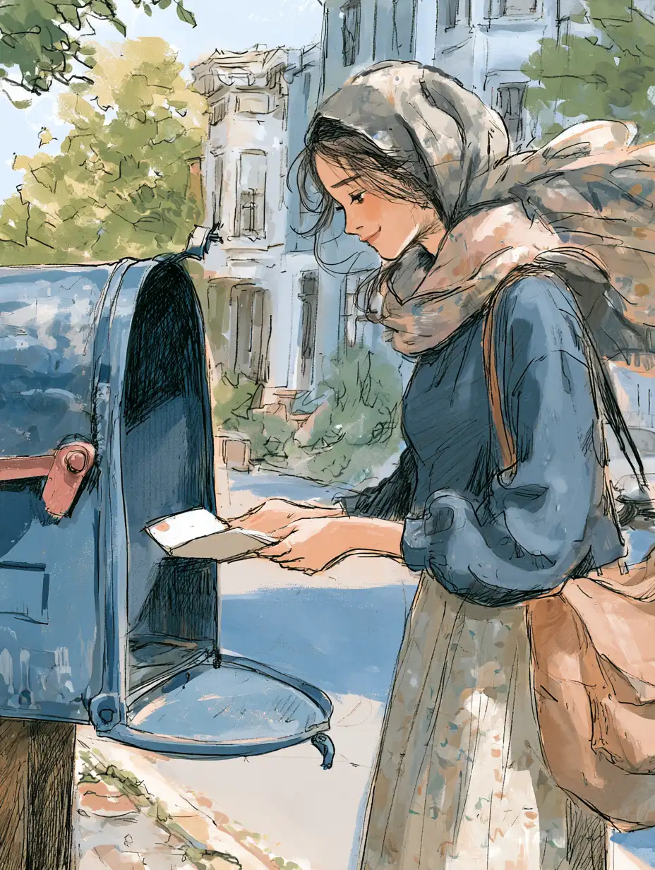 Woman dropping a letter into a blue curbside mailbox — the request is the question, not the commitment