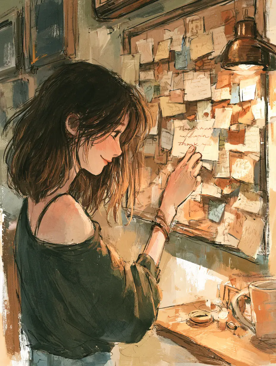 Customer pinning a handwritten thank-you note onto a community board full of cards