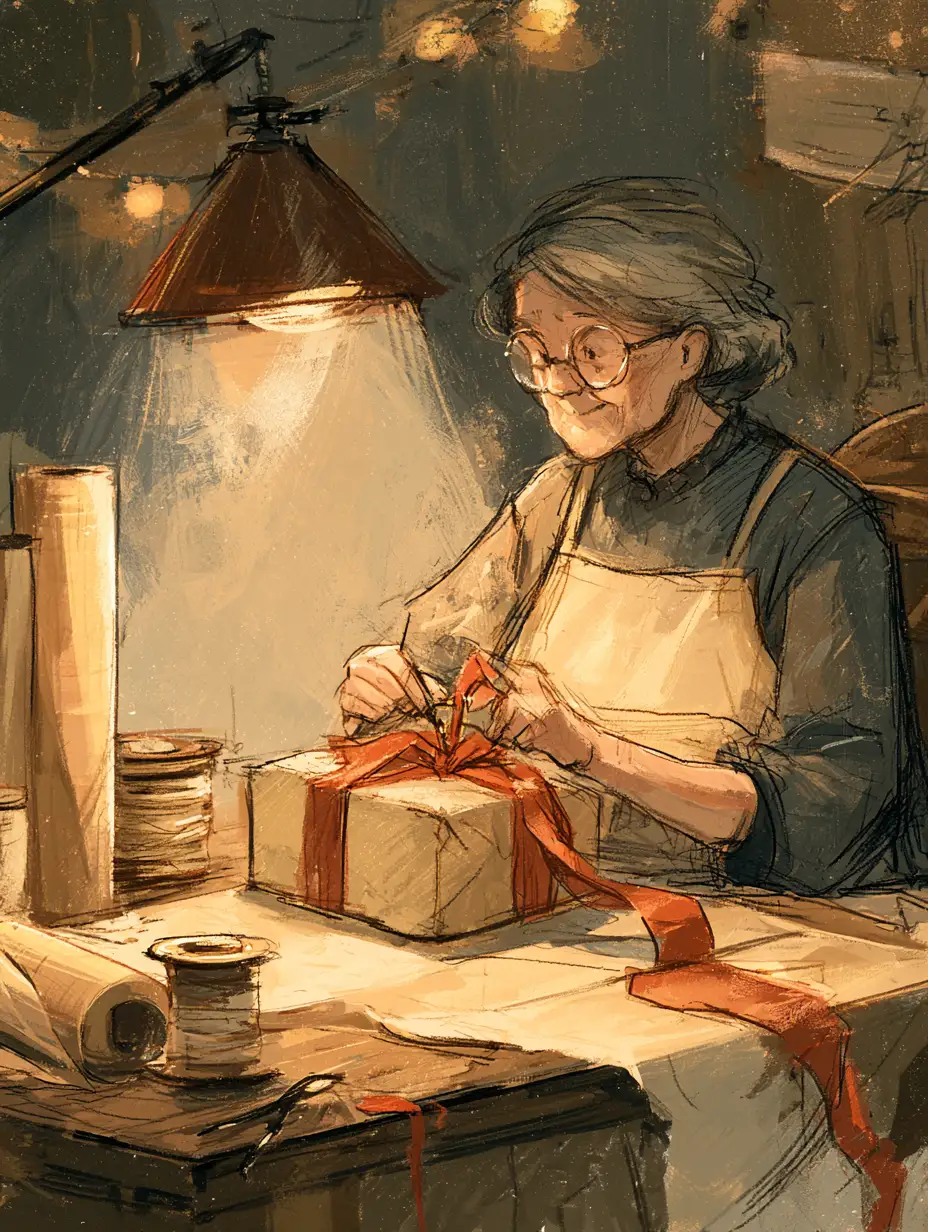 Grandmother wrapping holiday gifts at a wooden table under warm lamplight