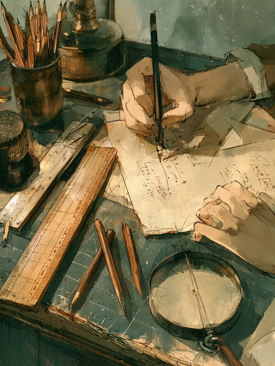 Drafting desk with slide rule, sharpened pencils and neat arithmetic notes — the payment math made visible