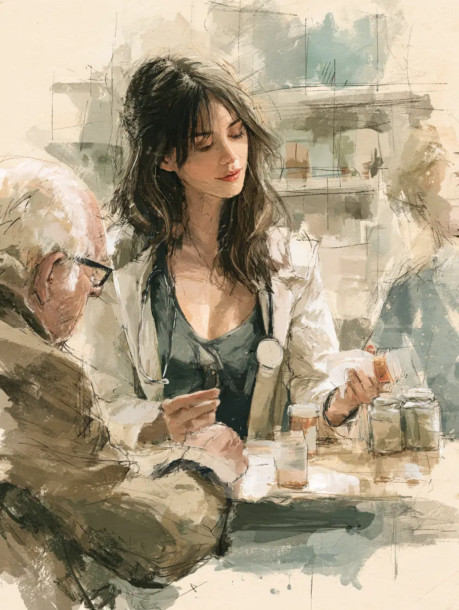 Pharmacist walking an older patient through prescription costs at the counter