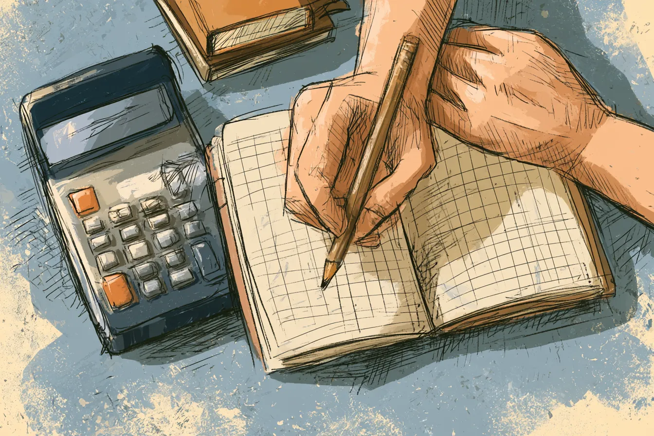 Top-down view of hands with a pencil over a graph-paper notebook beside a desk calculator