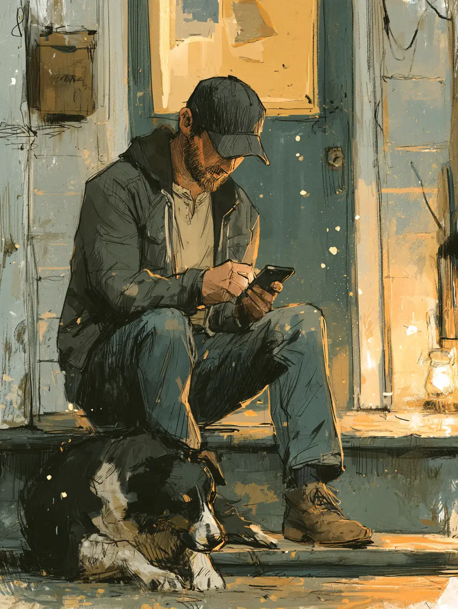 Man on porch steps checking his personal loan deposit in a banking app