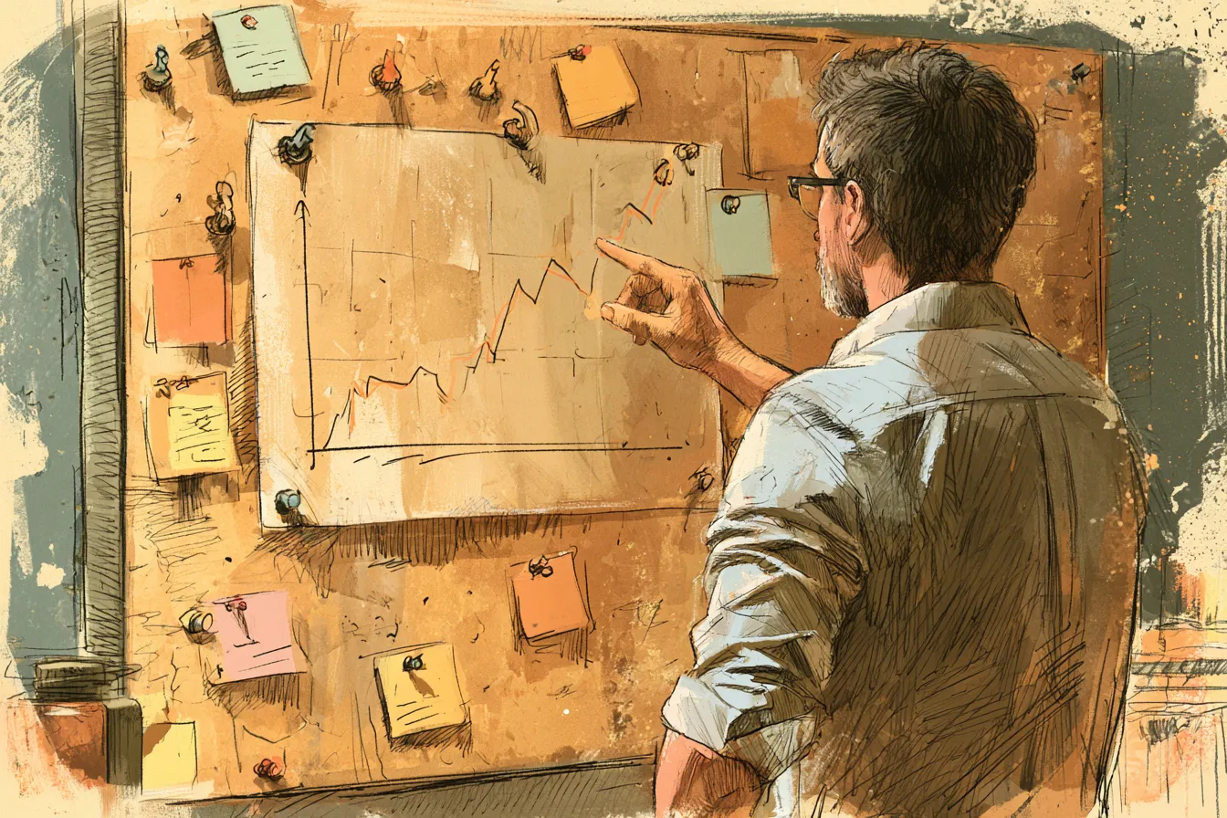 Analyst pointing at a hand-drawn line chart pinned to a corkboard