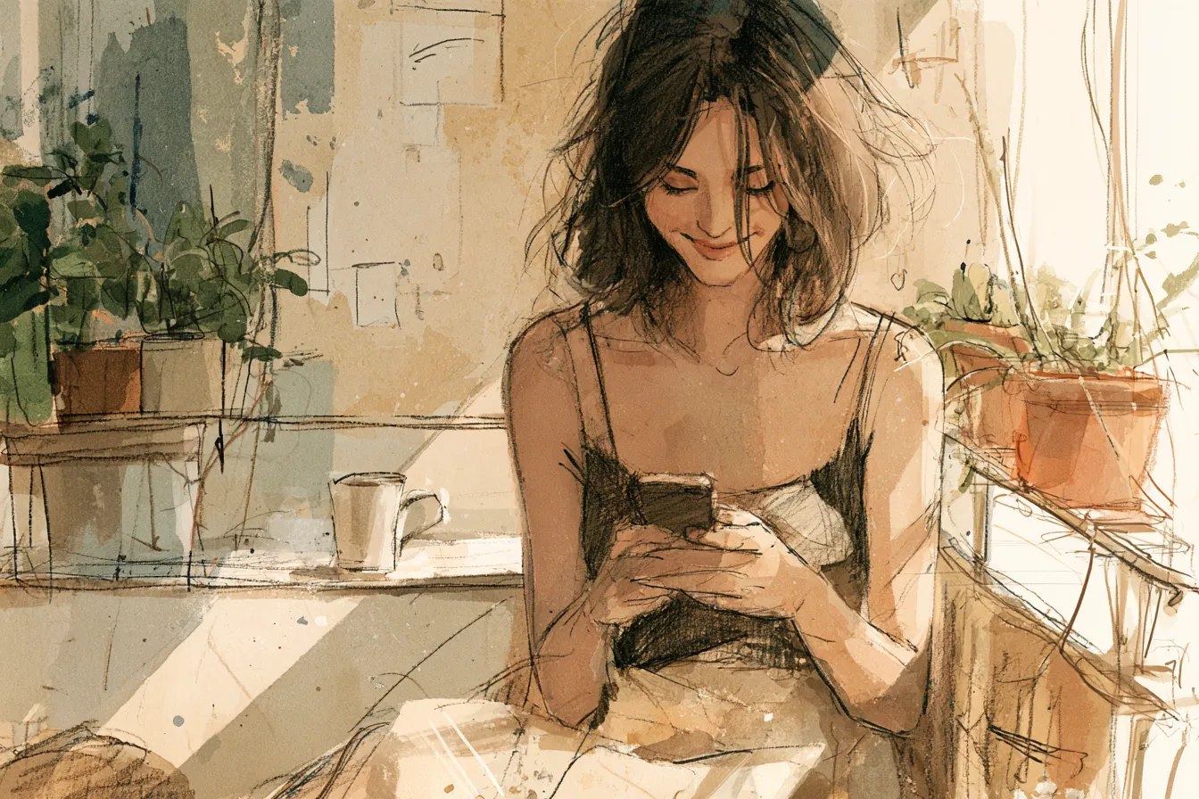 Smiling woman checking her personal loan offer on her phone on a sunny balcony — Rely Credit illustration