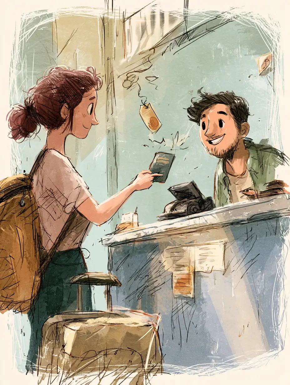 Traveler checking in at a counter with luggage tag in hand
